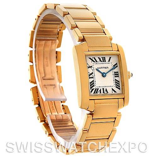 This image shows a side angle of a Cartier Tank Française watch, highlighting the rectangular case, bracelet, and dial with Roman numerals.