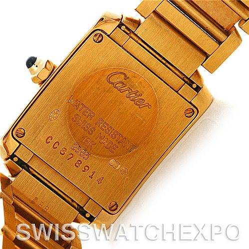 This image shows the back of the Cartier Tank Francaise W50002N2 Women's Yellow Gold Silver Dial W50002N2 Women's Yellow Gold Silver Dial watch, including the case back and part of the bracelet.