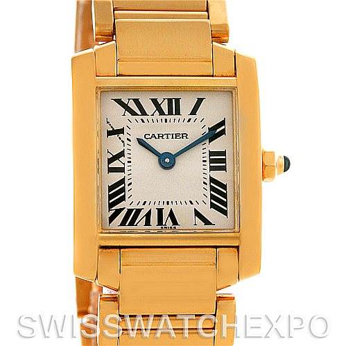 The image shows a front angle of the Cartier Tank Française watch, highlighting its rectangular dial, Roman numerals, and metal bracelet.