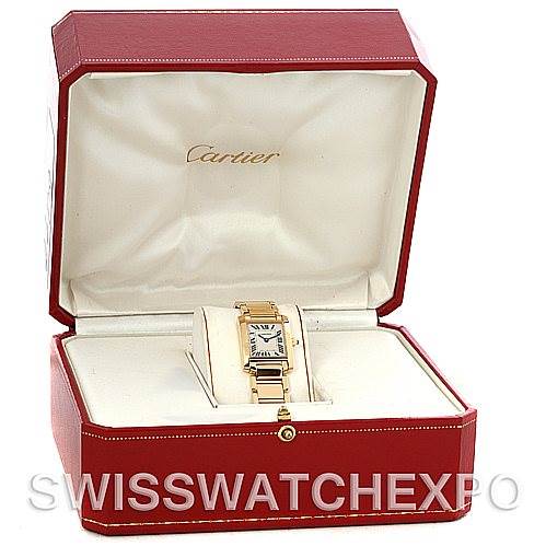 This image shows a Cartier Tank Française watch placed inside a red and white Cartier-branded box.