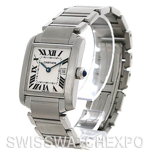 The image shows a Cartier Tank Francaise W51011Q3 Women's Stainless Steel Silver Dial W51011Q3 Women's Stainless Steel Silver Dial watch at a three-quarter angle, highlighting its face, band, and crown.