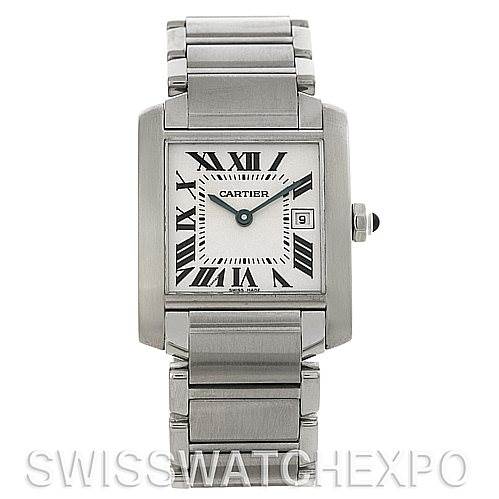 The image shows a front view of a Cartier Tank Francaise W51011Q3 Women's Stainless Steel Silver Dial W51011Q3 Women's Stainless Steel Silver Dial watch, displaying its stainless steel case, bracelet, and Roman numeral dial.
