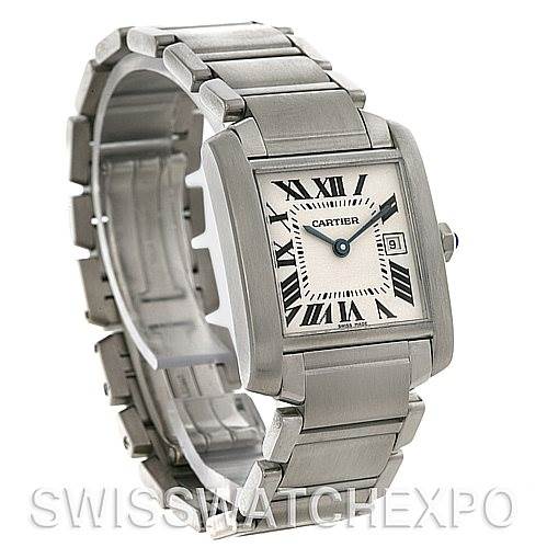 This image shows a Cartier Tank Francaise W51011Q3 Women's Stainless Steel Silver Dial W51011Q3 Women's Stainless Steel Silver Dial watch at a slight angle, displaying its rectangular case, metal bracelet, and Roman numeral dial.