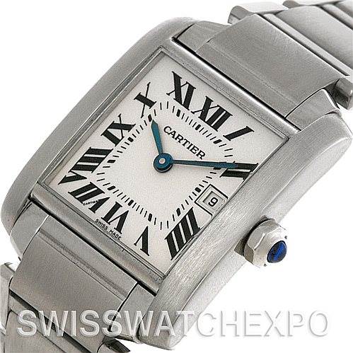 The Cartier Tank Francaise W51011Q3 Women's Stainless Steel Silver Dial W51011Q3 Women's Stainless Steel Silver Dial watch is shown at a slight angle, highlighting the dial, Roman numerals, crown, and part of the band.
