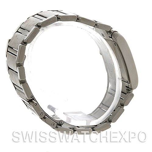 Side view of a Cartier Tank Francaise W51011Q3 Women's Stainless Steel Silver Dial W51011Q3 Women's Stainless Steel Silver Dial watch, showing its stainless steel bracelet and clasp.