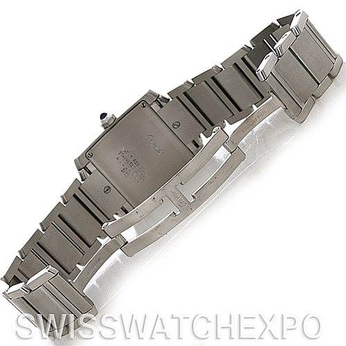 The image shows the back and clasp of a Cartier Tank Francaise W51011Q3 Women's Stainless Steel Silver Dial W51011Q3 Women's Stainless Steel Silver Dial watch, featuring the bracelet and deployment mechanism.
