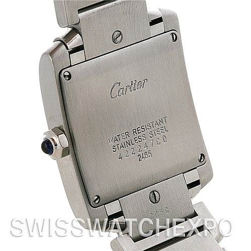 The image shows the back case and strap of a Cartier Tank Française watch, highlighting the brand engraving and water resistance details.