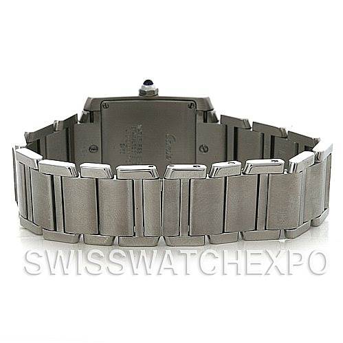 The image shows the back view of a Cartier Tank Francaise W51011Q3 Women's Stainless Steel Silver Dial W51011Q3 Women's Stainless Steel Silver Dial watch, displaying its stainless steel bracelet and case back.