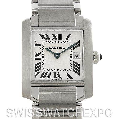 The image shows a close-up, front view of the Cartier Tank Francaise W51011Q3 Women's Stainless Steel Silver Dial W51011Q3 Women's Stainless Steel Silver Dial watch, highlighting the dial, case, and part of the bracelet.