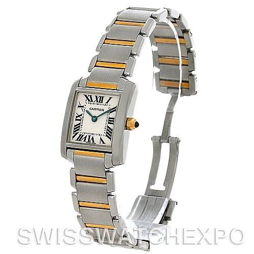 The image shows a Cartier Tank Francaise W51007Q4 Steel and Gold (two tone) Silver Dial W51007Q4 Steel and Gold (two tone) Silver Dial watch from a front-side angle, highlighting its face, bracelet, and clasp.