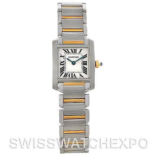 The image shows a front view of the Cartier Tank Française watch, displaying the face and bracelet.
