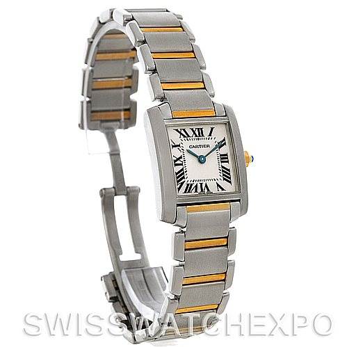 The image shows a Cartier Tank Francaise W51007Q4 Steel and Gold (two tone) Silver Dial W51007Q4 Steel and Gold (two tone) Silver Dial watch at an angle displaying its face and bracelet.