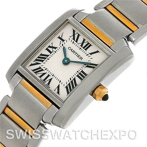 The Cartier Tank Francaise W51007Q4 Steel and Gold (two tone) Silver Dial W51007Q4 Steel and Gold (two tone) Silver Dial watch is shown from an angled top view, displaying the face, bezel, dial, and partial bracelet.