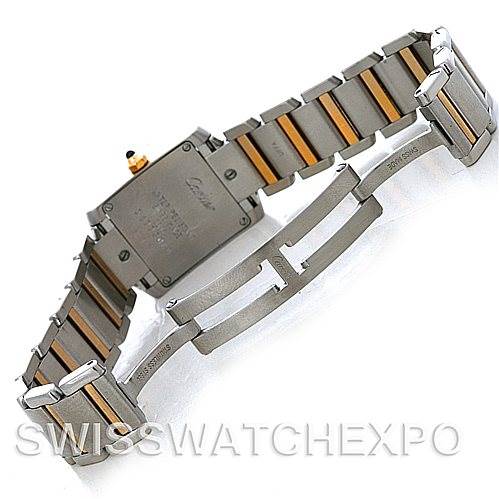 This image shows the back and side of the Cartier Tank Francaise W51007Q4 Steel and Gold (two tone) Silver Dial W51007Q4 Steel and Gold (two tone) Silver Dial watch, focusing on the clasp and bracelet details.