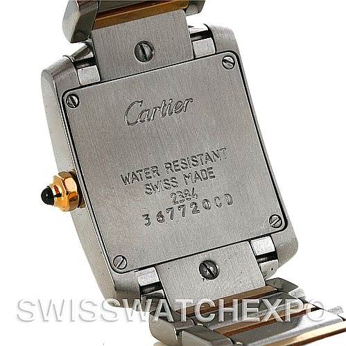 This image shows the back case of a Cartier Tank Francaise W51007Q4 Steel and Gold (two tone) Silver Dial W51007Q4 Steel and Gold (two tone) Silver Dial watch, highlighting the brand name, model number, and water resistance details.