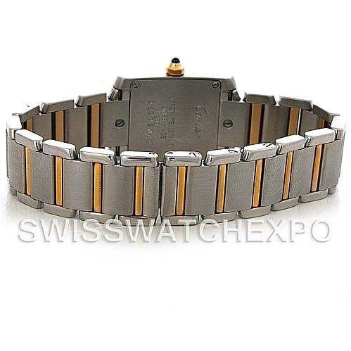 The image shows the back and bracelet of the Cartier Tank Francaise W51007Q4 Steel and Gold (two tone) Silver Dial W51007Q4 Steel and Gold (two tone) Silver Dial watch, displaying its two-tone metal design.