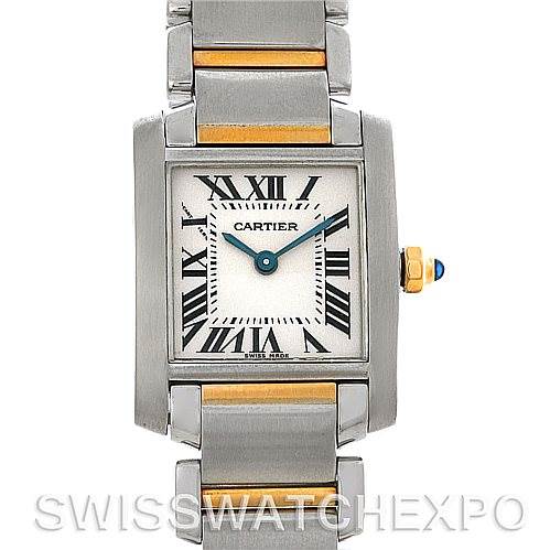 This image shows a frontal view of a Cartier Tank Francaise W51007Q4 Steel and Gold (two tone) Silver Dial W51007Q4 Steel and Gold (two tone) Silver Dial watch, displaying the face and part of the strap.