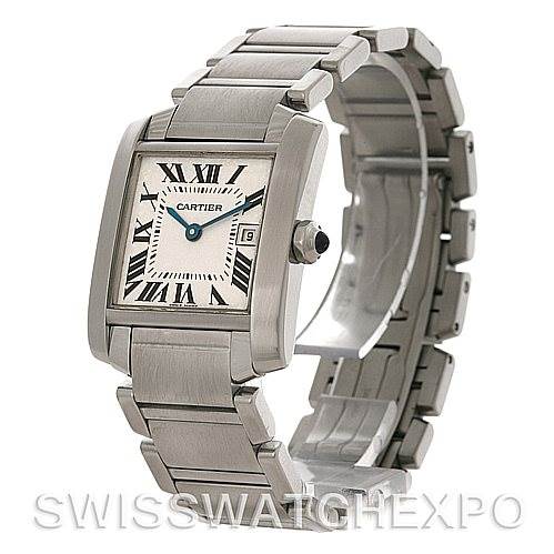 The Cartier Tank Francaise W51011Q3 Women's Stainless Steel Silver Dial W51011Q3 Women's Stainless Steel Silver Dial watch is shown at a three-quarter angle, displaying its silver rectangular case, bracelet, and dial with Roman numerals.