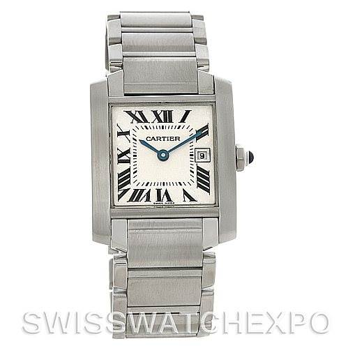 This image shows a front view of the Cartier Tank Francaise W51011Q3 Women's Stainless Steel Silver Dial W51011Q3 Women's Stainless Steel Silver Dial watch, displaying the face, bracelet, and crown.