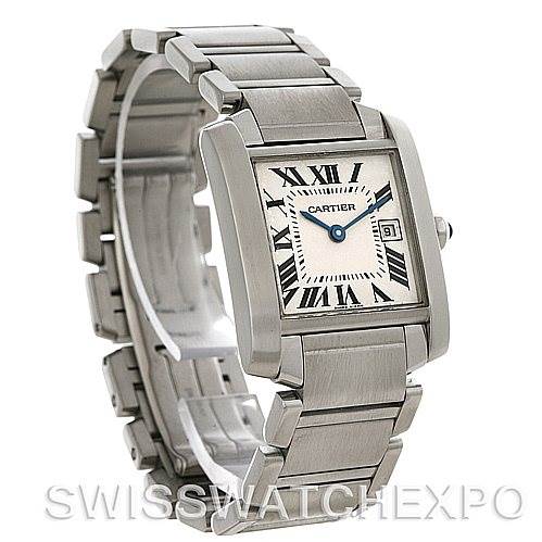 This image shows a Cartier Tank Francaise W51011Q3 Women's Stainless Steel Silver Dial W51011Q3 Women's Stainless Steel Silver Dial watch from a slightly elevated front angle, highlighting the face, bracelet, and clasp.