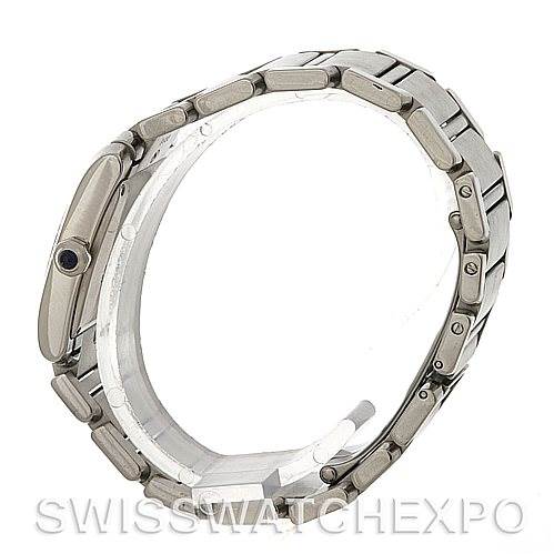 The image shows a side view of the Cartier Tank Francaise W51011Q3 Women's Stainless Steel Silver Dial W51011Q3 Women's Stainless Steel Silver Dial watch, highlighting the crown and bracelet links. 