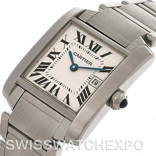 This image shows a close-up angle of a Cartier Tank Francaise W51011Q3 Women's Stainless Steel Silver Dial W51011Q3 Women's Stainless Steel Silver Dial watch, highlighting part of the bracelet, case, dial, and crown.