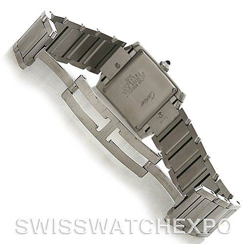 The image shows the back view and bracelet of a Cartier Tank Française watch, including the clasp and links.