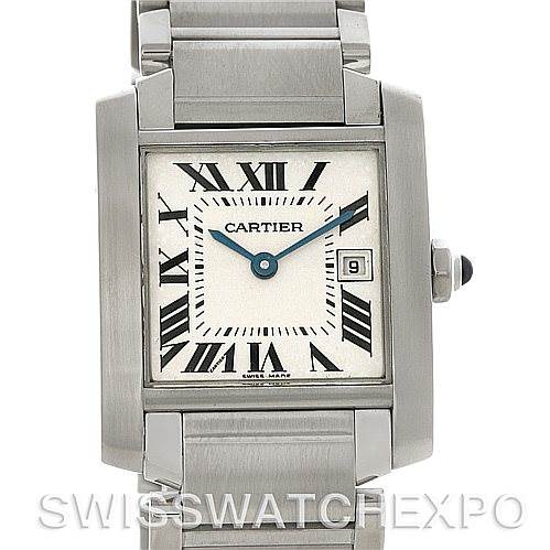 This image shows a front view of the Cartier Tank Francaise W51011Q3 Women's Stainless Steel Silver Dial W51011Q3 Women's Stainless Steel Silver Dial watch highlighting its face, bracelet, and crown.
