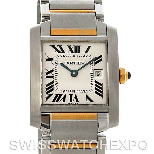 The image shows a frontal view of the Cartier Tank Francaise W51012Q4 Women's Steel and Gold (two tone) Silver Dial W51012Q4 Women's Steel and Gold (two tone) Silver Dial watch, highlighting its face, hands, date window, and part of the bracelet.