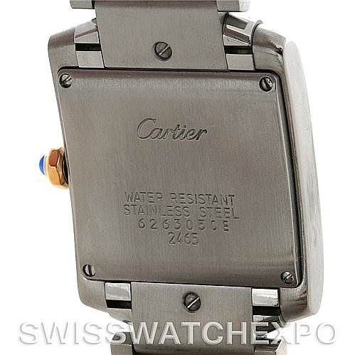 This image shows the back case of the Cartier Tank Francaise W51012Q4 Women's Steel and Gold (two tone) Silver Dial W51012Q4 Women's Steel and Gold (two tone) Silver Dial watch, including the bracelet attachment points and engravings.