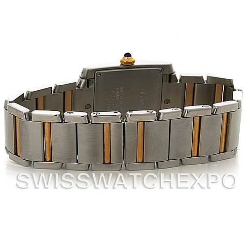 The image shows the back view of a Cartier Tank Francaise W51012Q4 Women's Steel and Gold (two tone) Silver Dial W51012Q4 Women's Steel and Gold (two tone) Silver Dial watch, focusing on the bracelet and clasp.