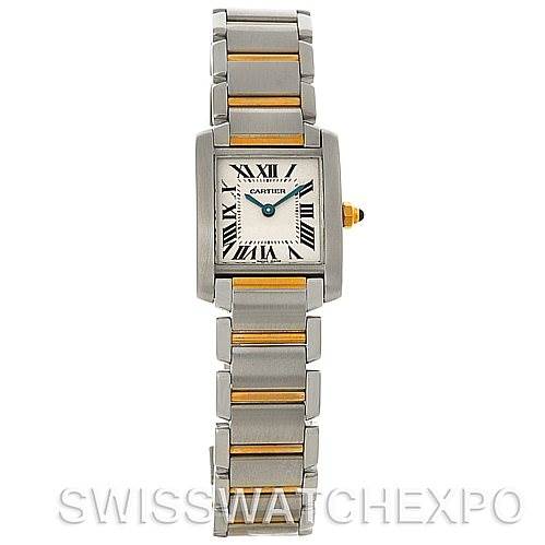 This image shows a Cartier Tank Francaise W51007Q4 Women's Steel and Gold (two tone) Silver Dial W51007Q4 Women's Steel and Gold (two tone) Silver Dial watch from a front view, highlighting its face, Roman numerals, and metallic bracelet.