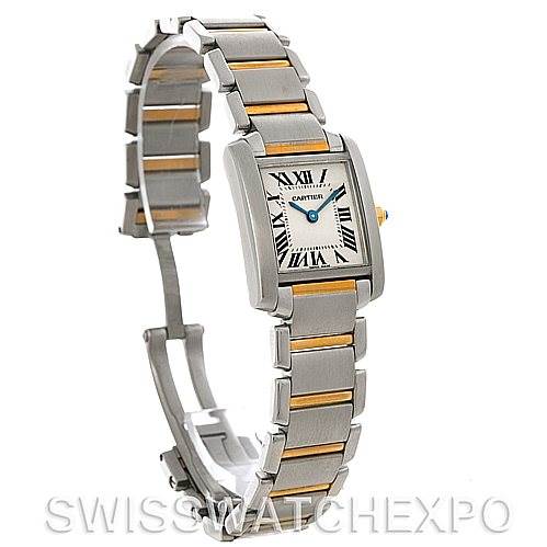The image shows a Cartier Tank Francaise W51007Q4 Women's Steel and Gold (two tone) Silver Dial W51007Q4 Women's Steel and Gold (two tone) Silver Dial model watch at a slightly tilted angle, displaying the face, bezel, and bracelet.