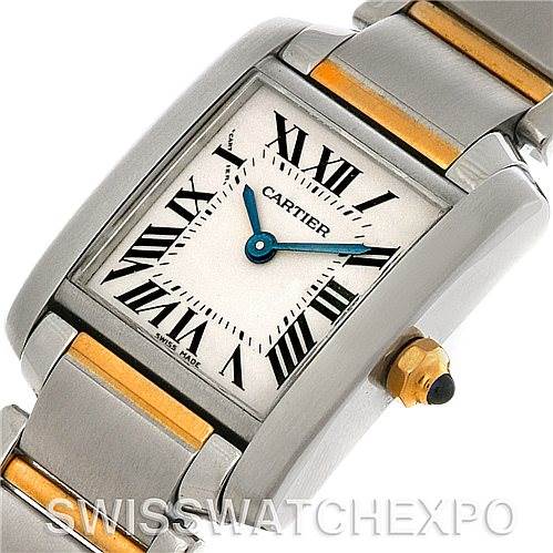 The image shows a close-up of the dial, bezel, and part of the bracelet of the Cartier Tank Française watch.