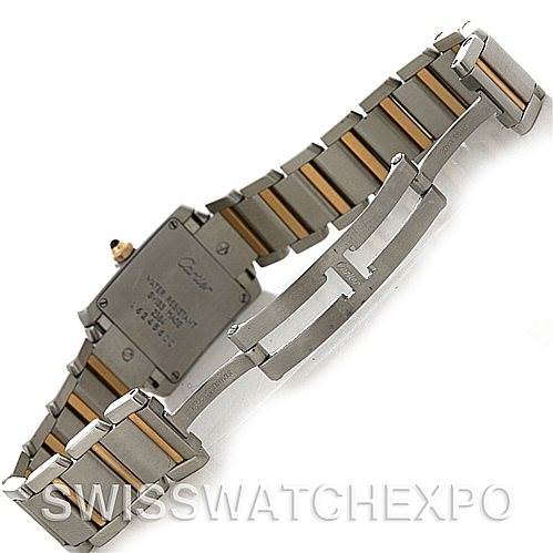 This image shows the back case and bracelet of the Cartier Tank Francaise W51007Q4 Women's Steel and Gold (two tone) Silver Dial W51007Q4 Women's Steel and Gold (two tone) Silver Dial watch in an angled view.