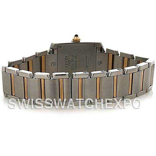 This image shows the back view of a Cartier Tank Française watch, highlighting its stainless steel and gold bracelet.