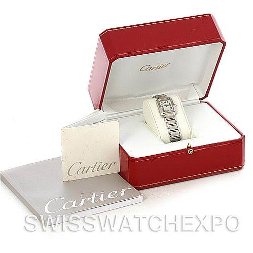 The image shows a Cartier Tank Francaise W51007Q4 Women's Steel and Gold (two tone) Silver Dial W51007Q4 Women's Steel and Gold (two tone) Silver Dial watch in its open red box, along with a manual or booklet beside it.