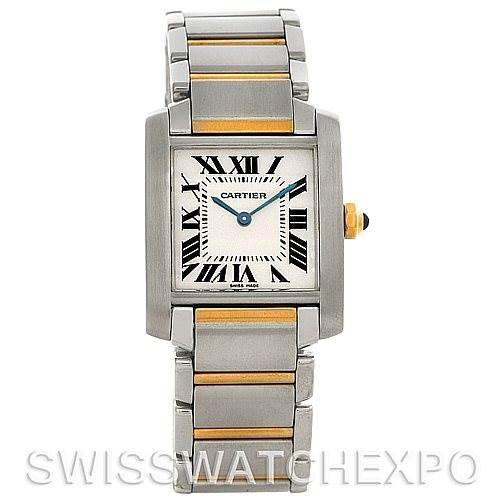 This image shows a front-angle view of a Cartier Tank Francaise Women's Steel and Gold (two tone) Silver Dial Women's Steel and Gold (two tone) Silver Dial watch with a steel and gold bracelet, and a square dial with Roman numerals.