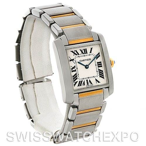 The image shows a Cartier Tank Francaise Women's Steel and Gold (two tone) Silver Dial Women's Steel and Gold (two tone) Silver Dial watch from a 3/4 angle, highlighting its rectangular face, Roman numerals, and two-tone chain link bracelet.