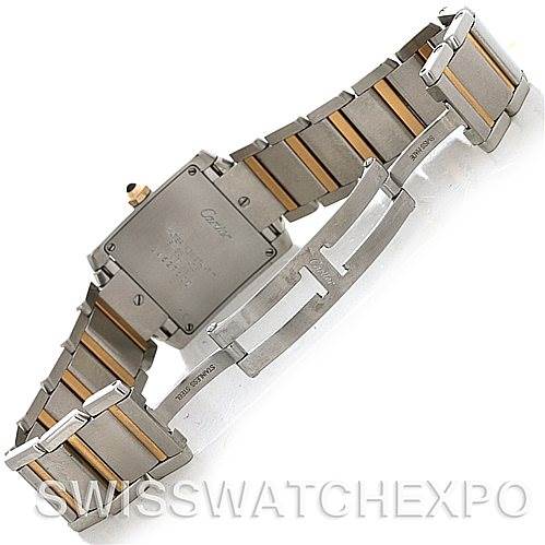 This image shows the back and bracelet of a Cartier Tank Francaise Women's Steel and Gold (two tone) Silver Dial Women's Steel and Gold (two tone) Silver Dial watch, highlighting its dual-tone metal design and clasp.
