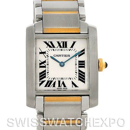The image shows a front view of the Cartier Tank Française watch, highlighting its square face, Roman numeral dial, and metal bracelet.