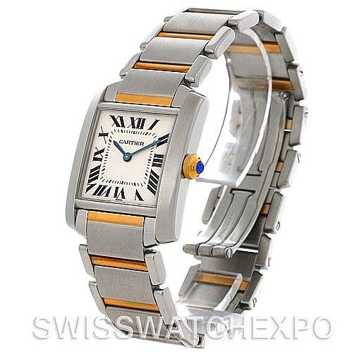 The Cartier Tank Francaise Women's Steel and Gold (two tone) Silver Dial Women's Steel and Gold (two tone) Silver Dial watch is shown at a slightly oblique angle, displaying the face, bezel, and full bracelet.