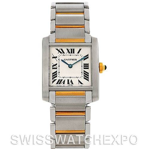 The image shows a front view of a Cartier Tank Francaise Women's Steel and Gold (two tone) Silver Dial Women's Steel and Gold (two tone) Silver Dial watch, highlighting its rectangular case, Roman numeral dial, and metal bracelet.