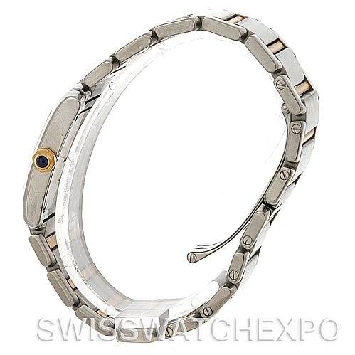 The image shows a side view of the Cartier Tank Française watch, highlighting its bracelet and crown.