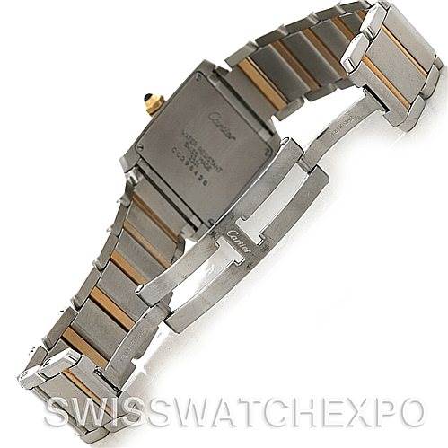 This image shows the back view of the Cartier Tank Francaise Women's Steel and Gold (two tone) Silver Dial Women's Steel and Gold (two tone) Silver Dial watch, focusing on the clasp and bracelet.