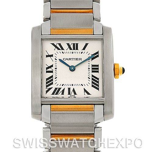 This image shows a front view of the Cartier Tank Francaise Women's Steel and Gold (two tone) Silver Dial Women's Steel and Gold (two tone) Silver Dial watch, highlighting its face and part of the bracelet.