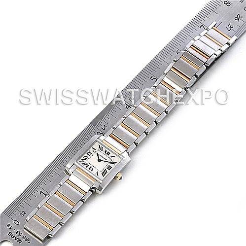 The image shows a top-down view of the Cartier Tank Francaise Women's Steel and Gold (two tone) Silver Dial Women's Steel and Gold (two tone) Silver Dial watch with the entire bracelet measured against a ruler.