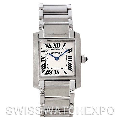 The image shows a front view of a Cartier Tank Francaise Women's Stainless Steel Silver Dial Women's Stainless Steel Silver Dial watch, highlighting its stainless steel case, bracelet, and Roman numeral dial.