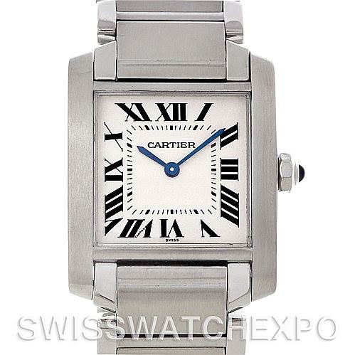 The image shows a front view of the Cartier Tank Francaise Women's Stainless Steel Silver Dial Women's Stainless Steel Silver Dial watch, highlighting its square face, roman numerals, and bracelet.