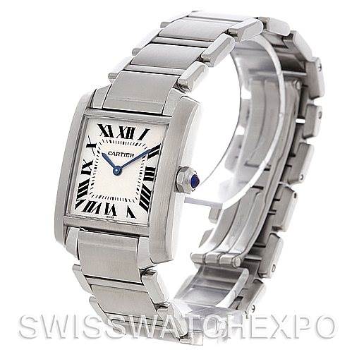 This image shows a side angle of a Cartier Tank Francaise Women's Stainless Steel Silver Dial Women's Stainless Steel Silver Dial watch, highlighting its bracelet, dial, and crown with a cabochon.